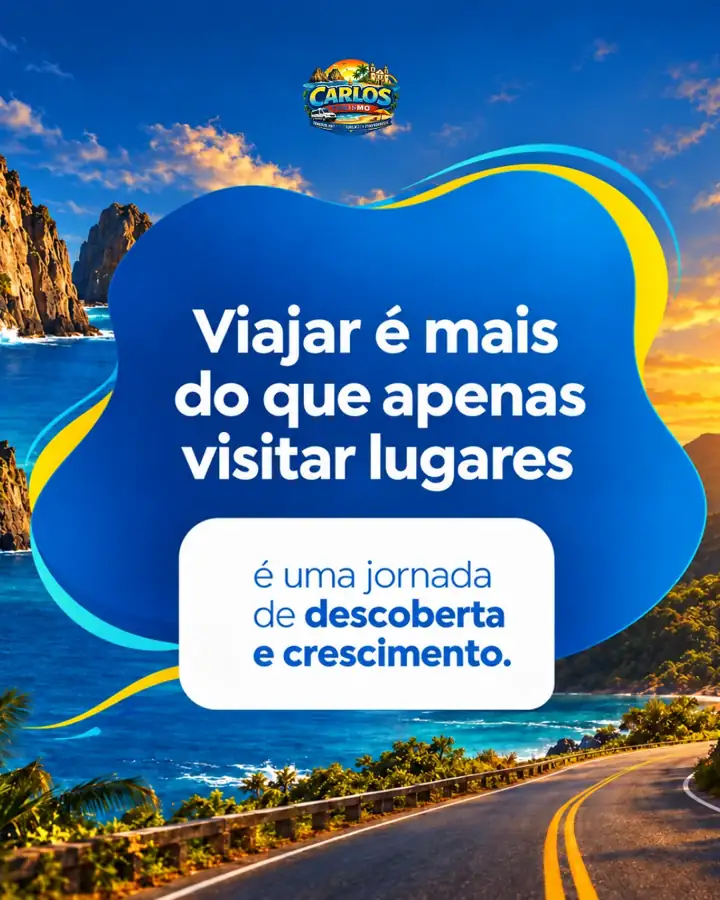 Arte Carlos Turismo com paisagem litorânea e mensagem sobre viajar